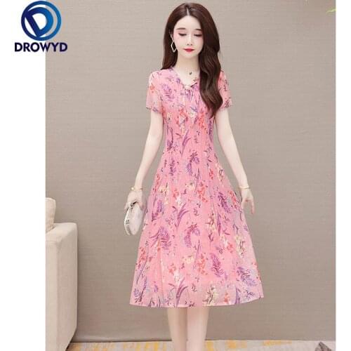 Printing Gauze Sweet A-line Floral Dress Women Fashion Elegant Midi Dress Ladies Korean Summer Short Sleeve V-neck Party Dresses