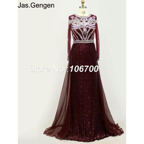 2018 Crystal Heavy Beading Evening Dresses Long Sleeve Chiffon Back Train See Through Back Burgundy Sequin Mermaid Gown 1142