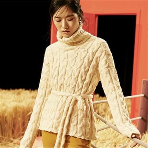 100% hand made pure wool twist knit women fashion turtleneck solid H-straight belt pullover sweater white 4color customized