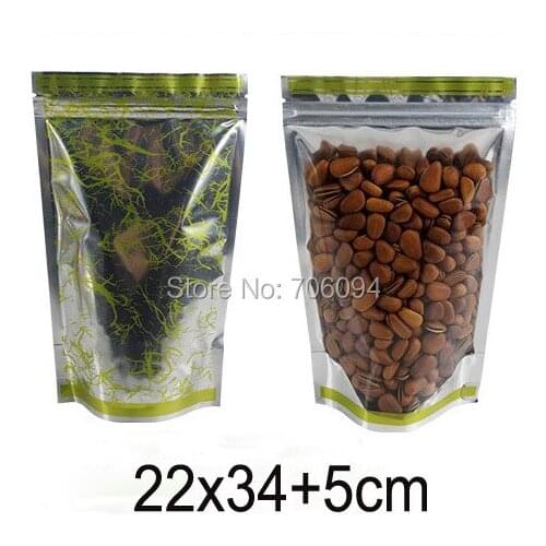 100pcs 22*34+4cm 8.7''x13.4'' Clear shiny silver Aluminum foil bag Standup Clear Aluminum food Plastic bag with printing