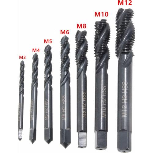 7pcs Spiral Thread Tap HSS Nitriding Coated Right Hand Screw Spiral Point Thread Metric Plug Drill Bits M3/M4/M5/M6/M8/M10/M12