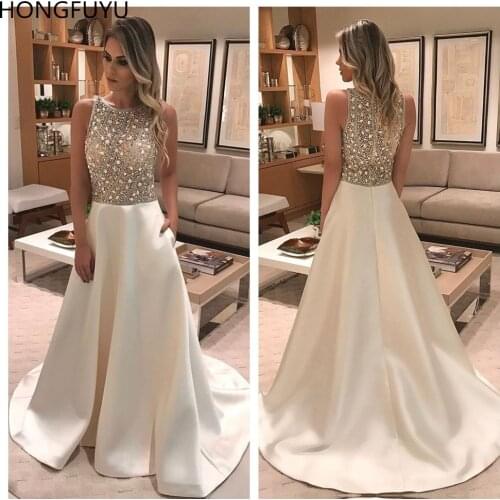 HONGFUYU Sleeveless Satin Prom Dresses Long A LIne Evening Prom Dress For Women Crystals Beading Party Formal Dress with Pockets