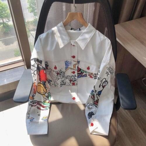 White Printed Denim Jacket Womens Short Jacket Jeans Tops Ladies Personalized Graffiti Workwear Jacket Coats Womens