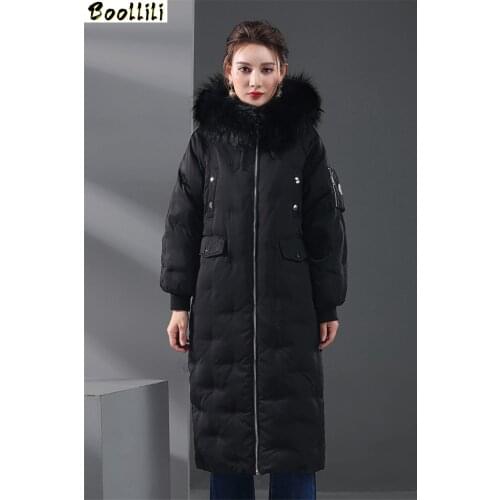 Boollili Womens White Duck Down Jackets Raccoon Fur Collar Long Parka Warm Winter Jacket Women Thick Coat Chaqueta Mujer