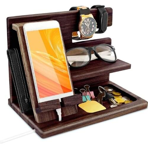 Wooden Phone Docking Station Wallet Stand Watches Purse Holder Desk Organizer