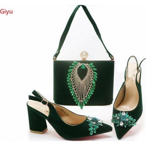 Doershow italian green shoes and bag set wholesale 2019 cheap wedding shoes and matching purse for women party HGX1-17