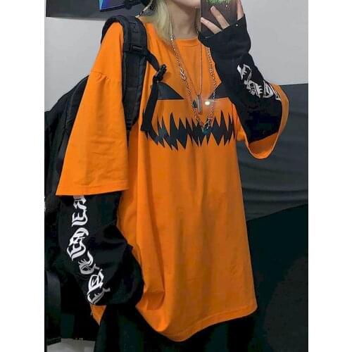 NiceMix Harajuku pumpkin Print letter T shirt Fake 2 Pieces Patchwork Casual Long Sleeve T-shirt Women And Men Streetwear Tops