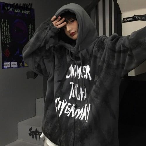 KOSAHIKI Women Warm Fleece Hoodies autumn Clothes Hooded Sweatshirt Korean Fashion letter print Vintage Tops hoodie pullover