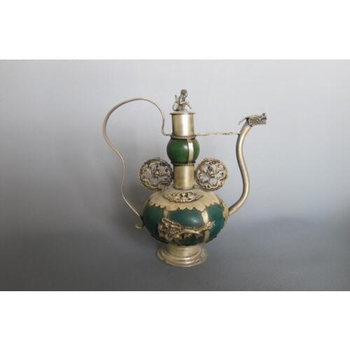 Collection Old Qing Dynasty silver&Jade teapot\flagon,Free shipping