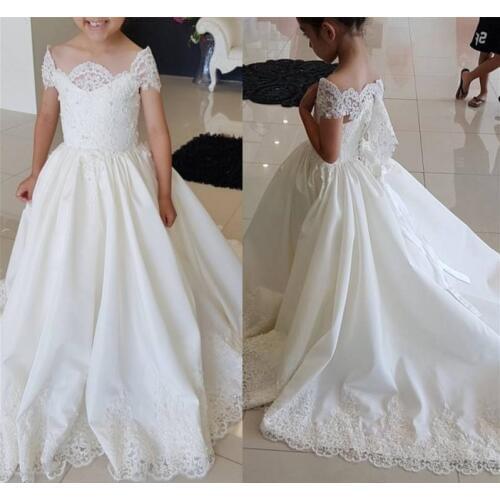 Lace Flower Girls' Dresses Off The Shoulder Kids Pageant Wear For Wedding Little Bride Princess Gowns with Train