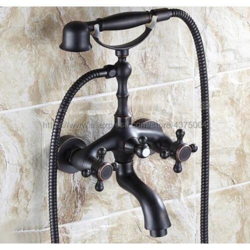Black Oil Rubbed Brass Dual Cross Handles Bathroom Tub Faucet with Hand Held Shower Sprayer Ntf042