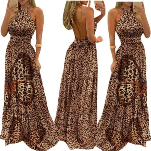 Summer Ladies Dress Fashion Butterfly Leopard Print Halter Neck Waist Sleeveless Sexy Backless Long Dress Woman Costume WE341