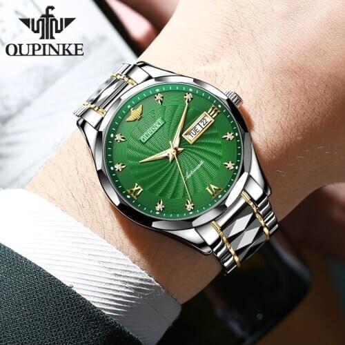 OUPINKE Mens Luxury Fashion Mechanical Watch Official Mens Automatic Watch Green Classic Sapphire Watch Men Quartz Watch Clock