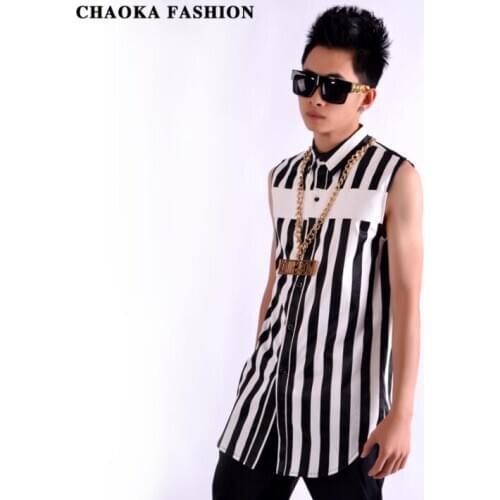Splice men vest Black and white stripes clothing sleeveless camiseta personalized singer dance stage street star style dress