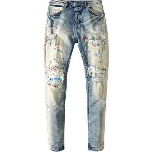 New 2021 mens jeans male trousers brand distressed hole applique cloth letterA destruction small feet stretch jeans high street