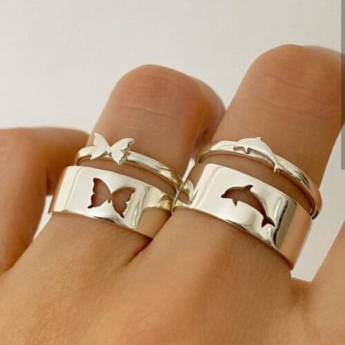 New Trendy Gold Silver Color Dolphin Butterfly Rings for Women Men Couple Adjustable Opening Ring Set Friendship Gift Jewelry