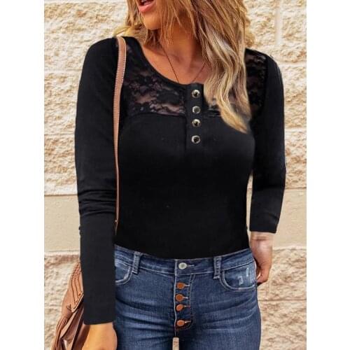 Autumn Winter Solid Color Stitching Lace Round Neck Long-sleeved T-shirt Womens Casual Elegant Hollow Out OL Shirt