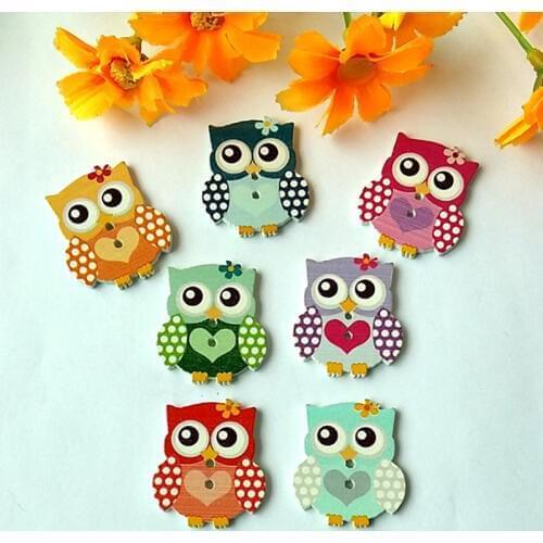 30pcs 2 Holes Lovely Owl Wood Buttons Mix Painted 26*30mm Pattern Decoration Clothing Craft Accessories Sewing Buttons botoes