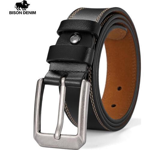BISON DENIM Fashion Classic Genuine Leather Men Belt Alloy Pin Buckle Cow Leather Luxury Strap Belt for Men High Quality W71588