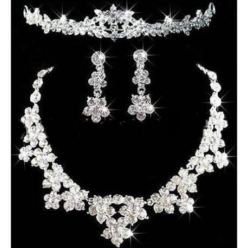Luxury Bridal Jewelry Shiny Rhinestone Cute Flower Crown Necklace Earrings Set