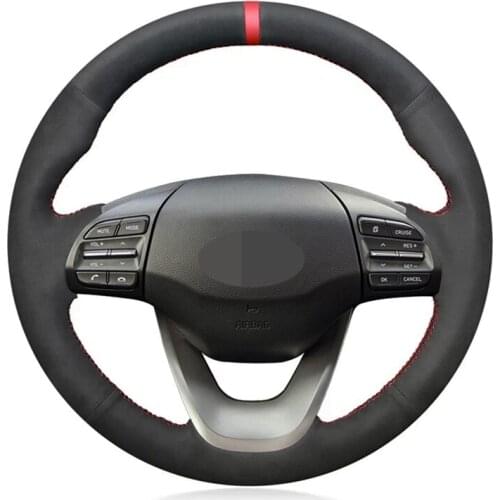 Hand-Stitched Car Steering Wheel Cover Non-slip Black Genuine Leather Suede For Hyundai Kona 2018 2019 2020 Accessories