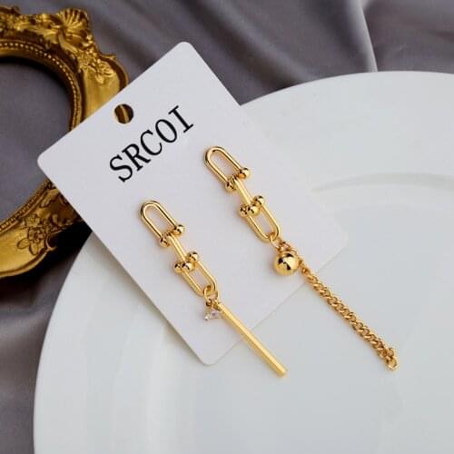 SRCOI Geometric Multi Lock Chain Link Drop Earrings For Women Minimalist Long Link Bar And Rhinestone Charming Earrings Dangle