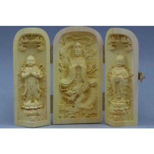 AMAZING DECORATED HANDWORK OLD BOX WOOD CARVED KWAN-YIN AMULET BOX STATUE