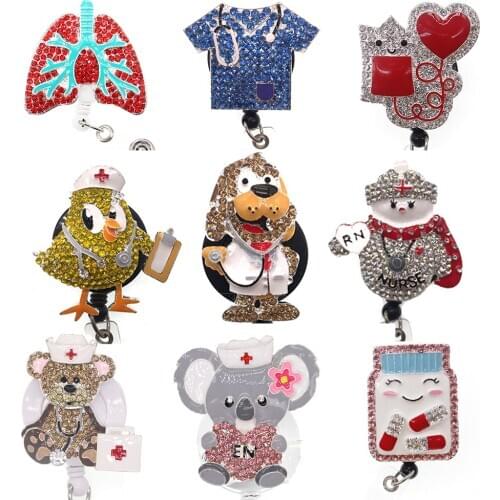 10pcs/lot Rhinestone Enamel Hospital Retractable ID Badge Holder Reel For Nurse Accessories