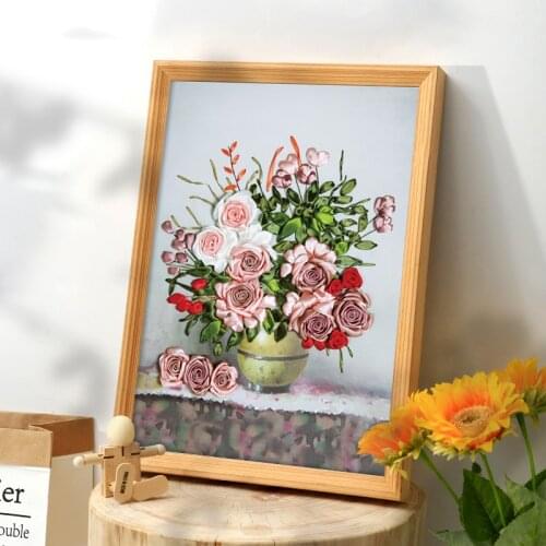 DIY Embroidery Craft Flower Rose, Pattern Retro Oil Painting Style Ribbon Art Handwork Needlework Cross Stitch Kit Bedroom Decor