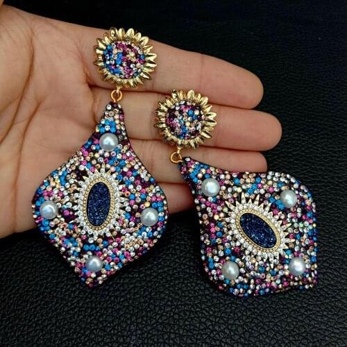 YYGEM Multi color Macacrsite White Pearl blue titanium CZ Druzy Stud Earrings Big Earrings Exaggerated Creative Jewelry