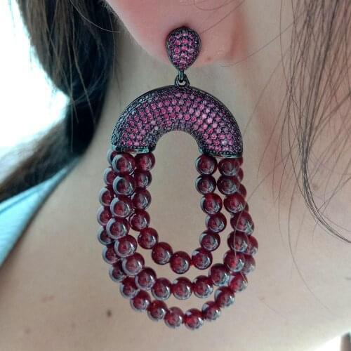 YYGEM Natural 4mm Round Red Garnet Tassel CZ Pave Post stud Earrings luxury for women