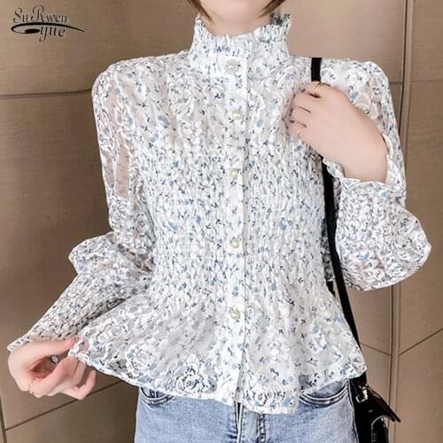 2021 Autumn Retro Fold Lace Women Blouse Floral Causal Slimming Shirt Women Long-sleeve Solid Cardigan Flower Blouse Woman 16333