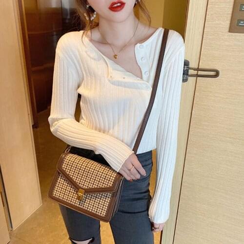 Women Spring and Autumn Knitted T-Shirts V-Neck Button Decor Long Sleeve Solid Color Office Lady Slim Pullovers Top
