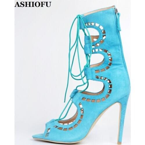 ASHIOFU Handmade Wholesale Womens High Heel Sandals Cross Shoelace Party Prom Dress Shoes Plus Evening Fashion Sandals XD224-1