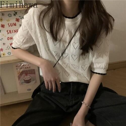 Fimihawa Women T-shirts O Neck Short Sleeve Knit Tops Summer Korean 2021 New Loose Solid Pullover Hollow Out Tees TShirt Femme