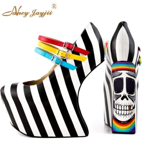 Mary Janes Ladies Pumps Platform Super High Heels Strange Style Women Dancer Shoes Zebra Dress Party Novelty 18~20cm Size 45 44