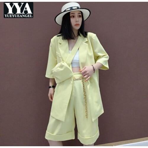 Women Summer Suits Set Street Fashion Loose Fit High Waist Straight Knee Length Shorts Half Suit Jacket Tops OL Female Two Piece
