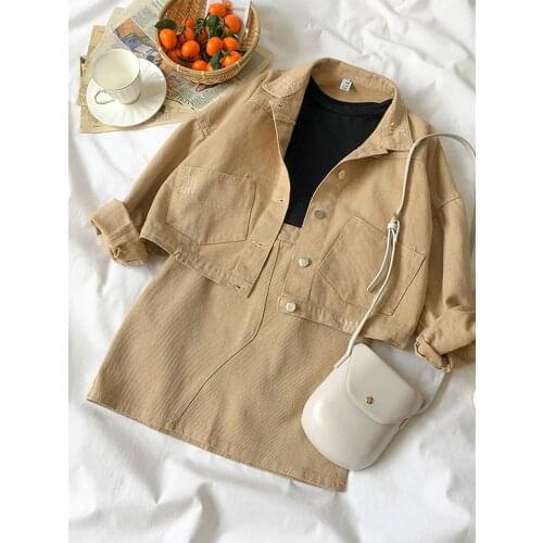 Women Two Piece Set Korean Sweet Ladies Khaki Jacket Coat + Skirt Casual 2 Piece Set Autumn Mini Skirt + Outwear Outfits Suits