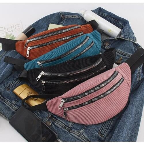 Womens Corduroy Belt Waist Bag Belly Hips Banana Wallet Phone Belt Waist Bag Abdomen Fanny Pack Purse With Chain Female Handbag