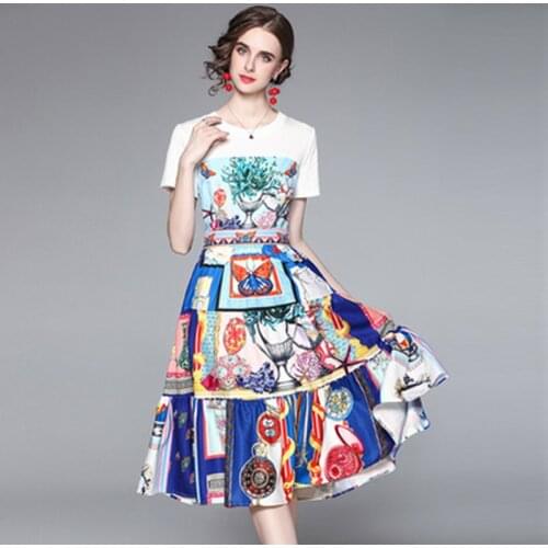 2021 Runway Summer T-Shirt Dress Womens Designer Vintage Pattern Print Short Sleeve Ladies Stylish A-Line Midi Dresses