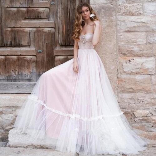 Pink Sweetheart Wedding Dress Sleeveless Beaded Tulle Bride Dress Luxury Sweep Train Garden Bridal Wedding Vestido De Novia