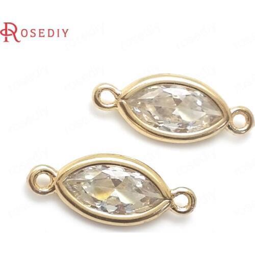10PCS 14x5MM 16x7MM 24K Champagne Gold Color with White Zircon Brass 2 Holes Sharp Oval Connect Charms Pendants Diy Findings