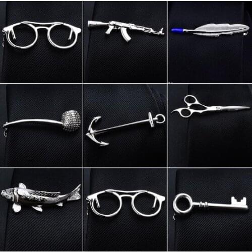 20pcs/lot Copper Tie Clip Silver Smoking Pipe Rifle Gun Feather Fish Key Bullet Tie Clip Tie Pin Bars Mens Jewelry Mixorder