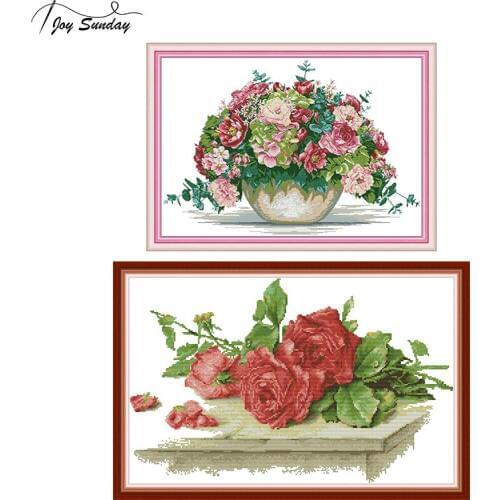 Joy Sunday Hydrangea Bouquet Cross Stitch Flower Aida Printed on Canvas for Embroidery Kit DIY Needlework DMC Crossstitch Thread