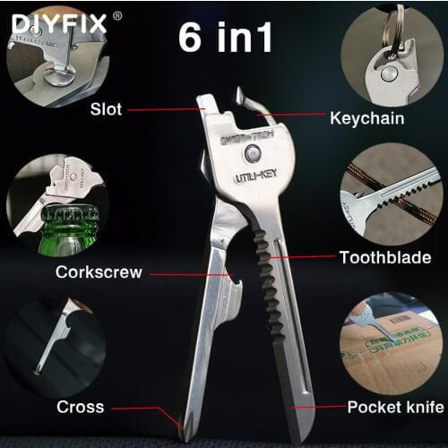 DIYFIX 1Pcs 6 in 1 Multi-function Key Ring Pocket Gear Hand Tool Folding Knife Keychian Swiss Outdoor EDC Rescur Homehand Tool
