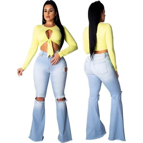 Denim Flare Pants Women Retro Ripped Jeans Wide Leg Trousers Lady Casual Bell-Bottoms Flare Pant Female Clothing