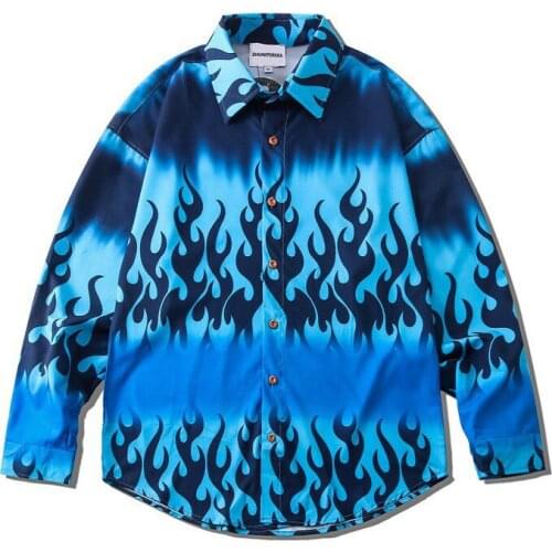 Fashion Brand Hawaiian Beach Shirts Blue Fire Flame Print Long Sleeve Button Blouse Shirt Streetwear Hip Hop Harajuku Casual Top