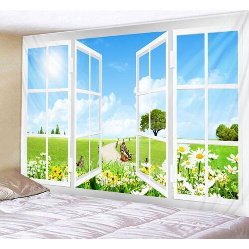 Blue Sky Meadow Outside The Window Printed Psychedelic Tapestry Wall Hanging Beach Towel Polyester Thin Blanket Yoga Shawl Mat