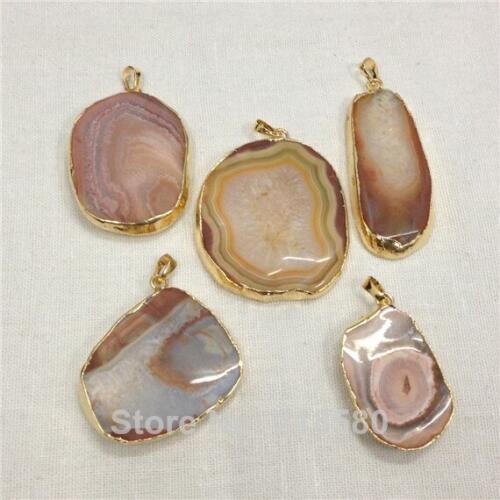 H-AS17 Brown Orange Agat Slice Pendant with Gold Layered and Bail Pendant for Jewelry Making