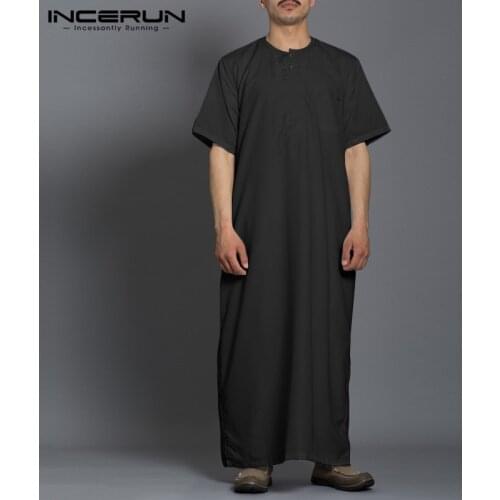 Men Fashion Long Robes Short Sleeve Round Neck Robe Man Vintage Solid Color Muslim Kaftan Long Shirts Casual Jubba Thobe INCERUN